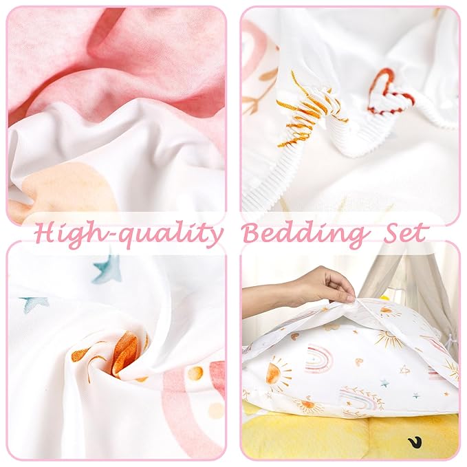 Toddler Bedding Set for Girls, 4 Piece Rainbow Toddler Girl Bedding Set, Super Soft & Lightweight Toddler Comforter Set Includes Comforter, Flat Sheet, Fitted Sheet, Pillowcase (Pink)