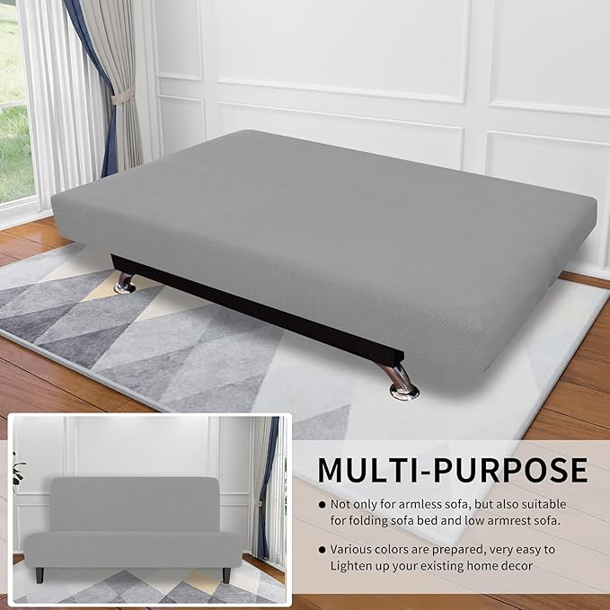 Easy-Going Stretch Futon Slipcover Armless Futon Bed Cover Furniture Protector Without Armrests with Elastic Bottom for Kids, Soft Jacquard Fabric Small Checks (Medium, Light Gray)