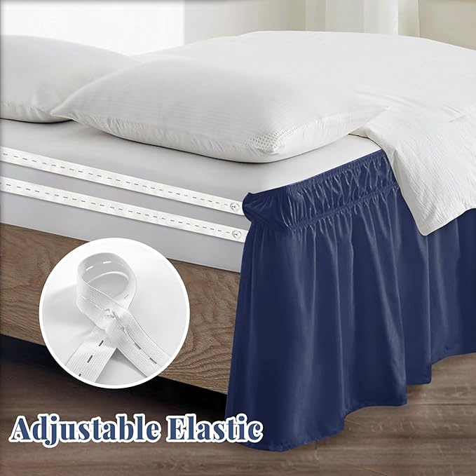 Twin Bed Skirt, Elastic Wrap Around Bed Skirt Twin Size, Bed Skirts for Adjustable Bed, Easy Fit with 18" Drop Length Tailored Drop Dust Ruffle (Navy)