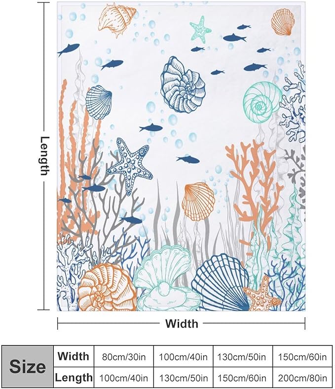 Nautical Coastal Blanket, Starfish Seashell Coral Beach Themed Drapes Ocean Orange Blue Teal Conch Print Throw Blankets for Sofa Couch Bed Room Birthday Decor, 40"x50"