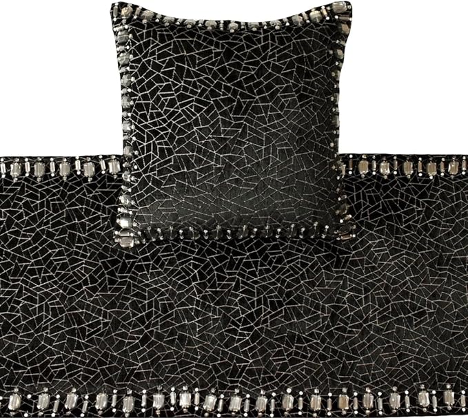 The HomeCentric King/Queen/Twin Black Decorative Twin 53"x18" Bed Runner with 2 Pillow Cover, Mosaic & Crystal Bed Scarf on Velvet Fabric - Mosaic Noir