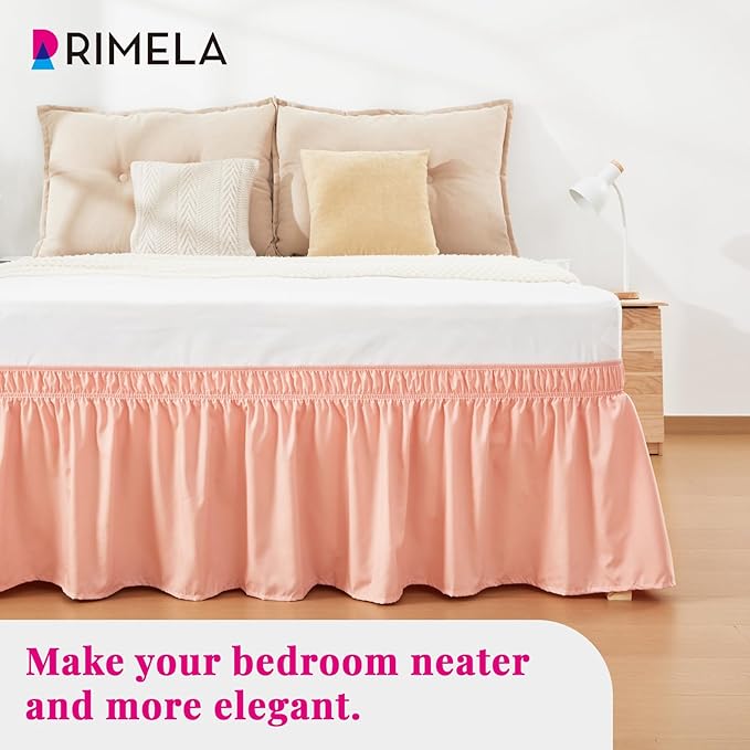 RIMELA Peachy Coral Bed Skirt Queen Size 18 Inch Drop, Elastic Bed Skirting for Bed Base and Frame, Bedding Dust Ruffle Easy to Install, Wrap Around Adjustable Bedskirt