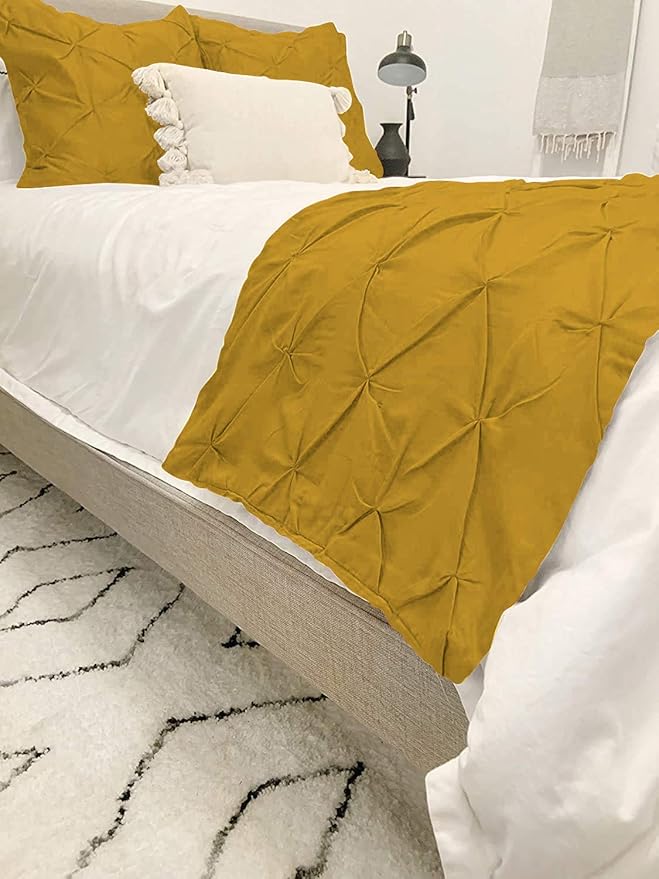 Bed Runner Set - 100% Pure Cotton 800 Thread Count - Luxury 1 Pinch Pleated Bed Runner and 2 Pillow Cover - 3 Piece Pinch Pleated Bed Runner Set California King, Gold