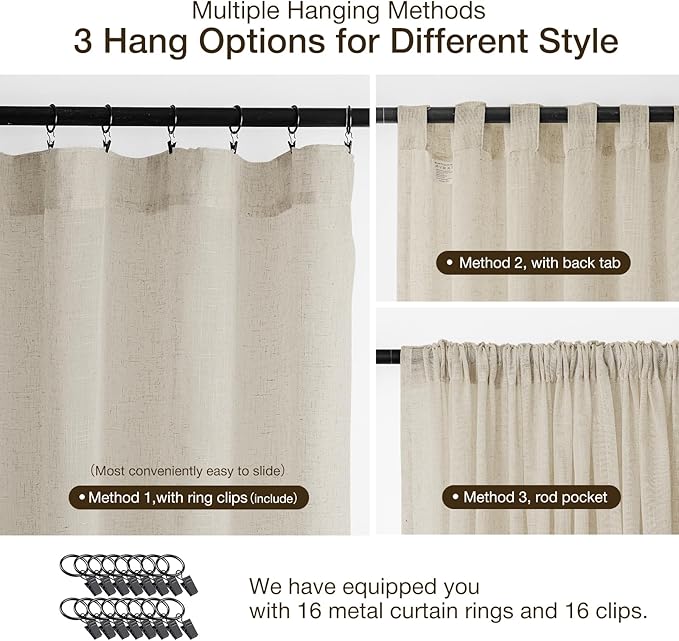 Anmao Natural Linen Curtains for Living Room 45 Inch Length 2 Panels Set, Light Filtering Semi Sheer Window Curtain Drapes for Bedroom with Curtain Rings and Clips, 52 Inch Wide Each Panel, Linen