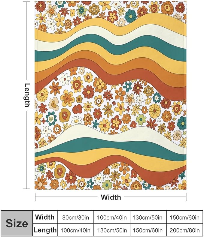 70s Retro Floral Throw Blanket, Boho Groovy Wavy Geometric Hippie Cute Flowers Yellow Orange Abstract Print Blanket for Holiday Theme Home Decor Bedding Couch and Gift 40"x50"