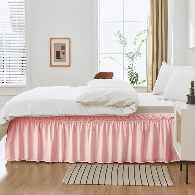 MEILA Wrap Around Bed Skirt Three Fabric Sides Elastic Dust Ruffled 18 Inch Tailored Drop,Easy to Install Fade Resistant-Pink, Twin/Full
