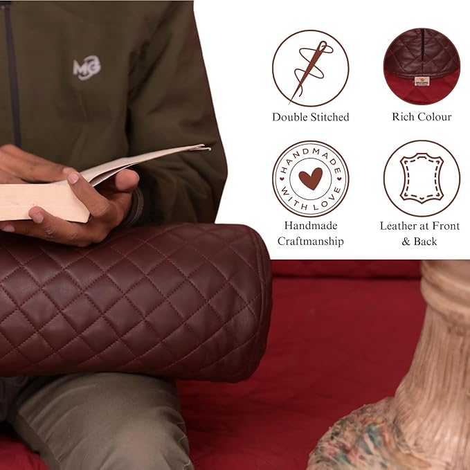 Neck Roll Pillow Cushion Cover, 18x7 Inch Full Moon Round Bolster Pillow Case, Cylinder Soft Lambskin Leather Pillowcase for Head, Spine & Neck Support During Sleep - Quilted Dark Brown Pack of 1