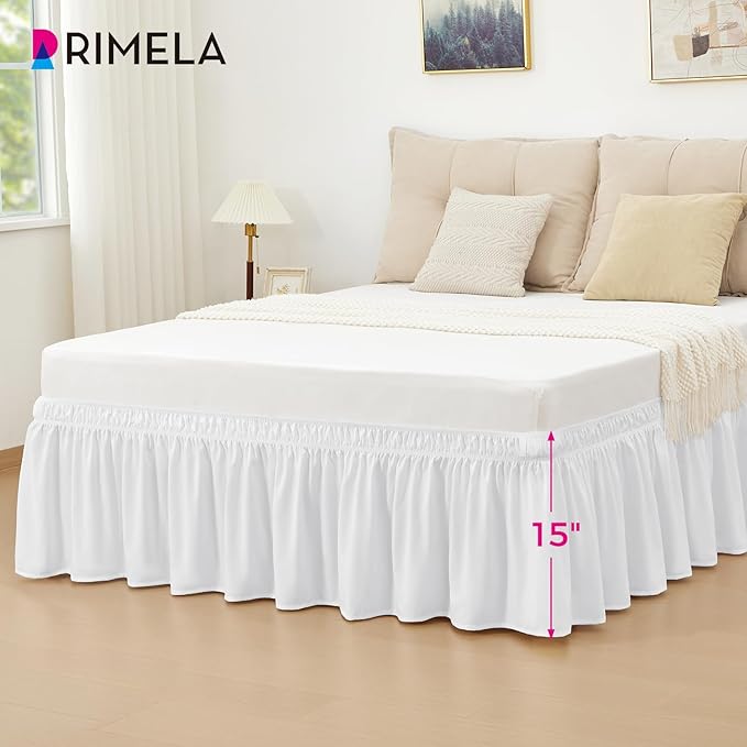 RIMELA Bed Skirt Full Size Moon White 15 Inch Drop, Wrap Around Elastic Bedskirt, Dust Ruffle for Adjustable Bed Base Soft Durable Fabric Machine Washable Easy to Install Bed Skirts