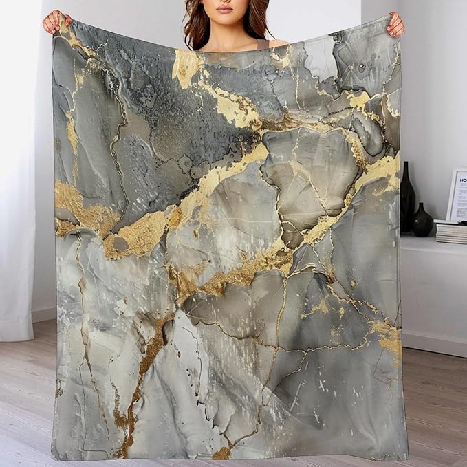 Modern Marble Blanket, Abstract Luxury Baroque Gold Grey Gradient Stone Veins Pattern Soft Warm Cozy Plush Flannel Covers for Livingroom Bedroom Couch Chair Camping Travel Home Decor Tapestry 30x40in