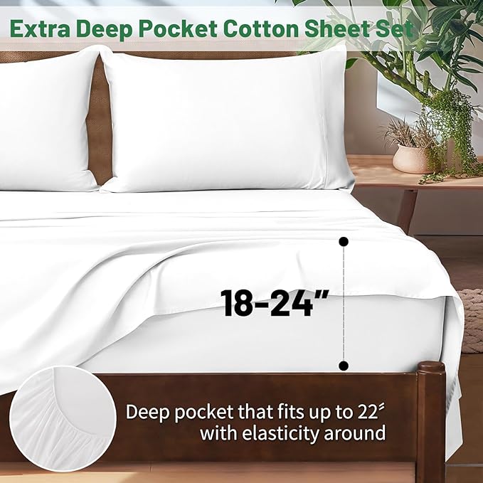 Extra Deep Pocket Queen Sheets 18-24 Inch 100% Egyptian Cotton 1000 Thread Count Sateen Weave Soft Breathable 4 Pieces（Queen,White）