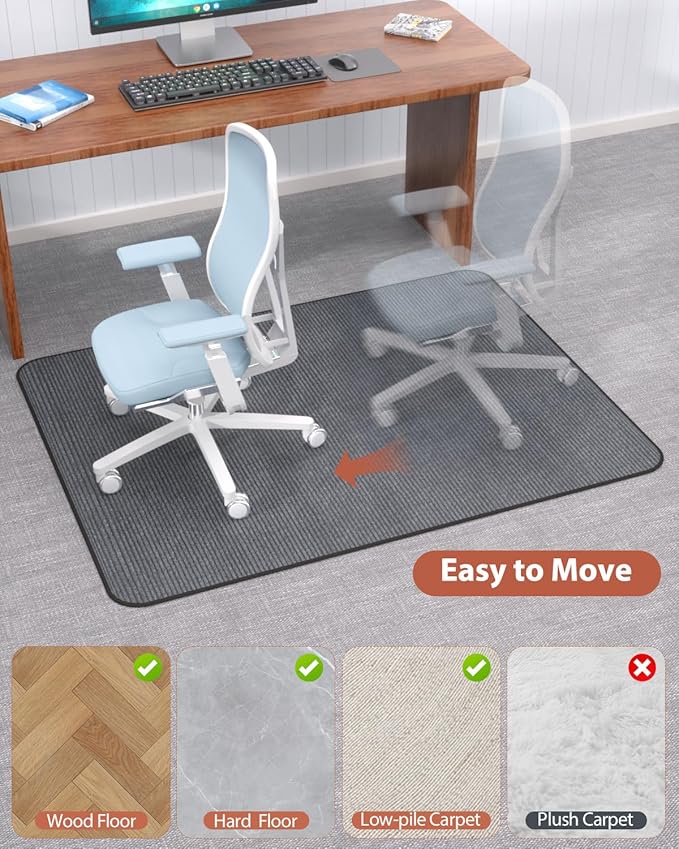 Blvornl Office Chair Mat for Hardwood Floor and Low Pile Carpet, 35" x 55" Corduroy Surface Desk Rolling Chair Mat for Hard Floors, Heavy Duty Carpeted Floor Protector Rug for Home Office, Dark Grey