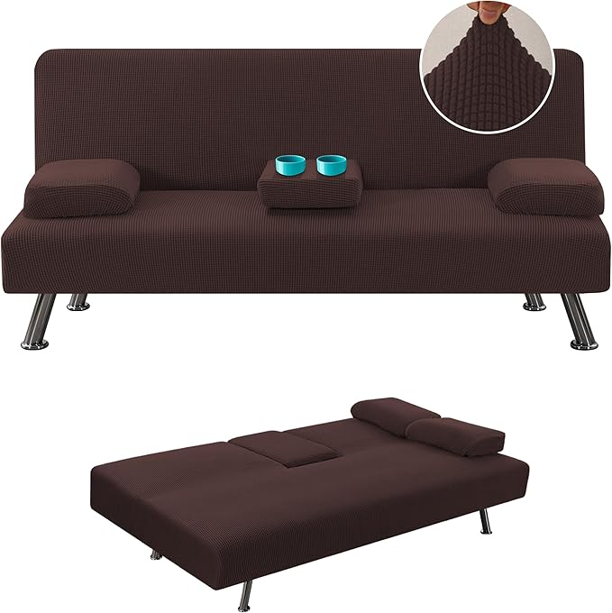 H.VERSAILTEX 4 Pieces Stretch Futon Covers Sofa Bed Slipcover with Removable Armrests and Cupholders Covers Furniture Protector High Spandex Small Checks Jacquard Fabric, Chocolate