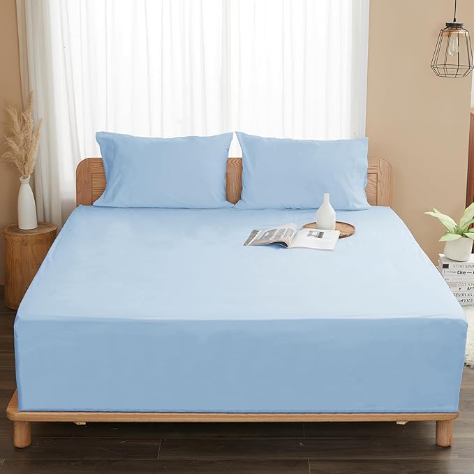 Sunflower Queen Fitted Sheet, 1-Piece Extra Deep Pocket Fitted Bottom Sheet 22", 100% Cotton Sateen Soft Breathable, Powder Blue