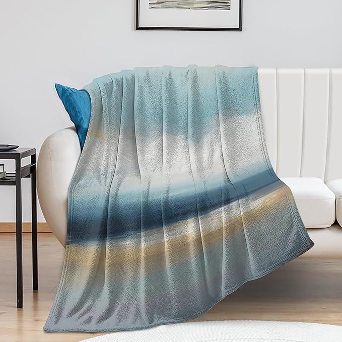 Fashion Gradient Blanket, Modern Art Abstract Blue Sea View Painting Strokes Pattern Soft Warm Cozy Plush Flannel Covers for Livingroom Bedroom Couch Chair Camping Travel Home Decor Tapestry 60x80in