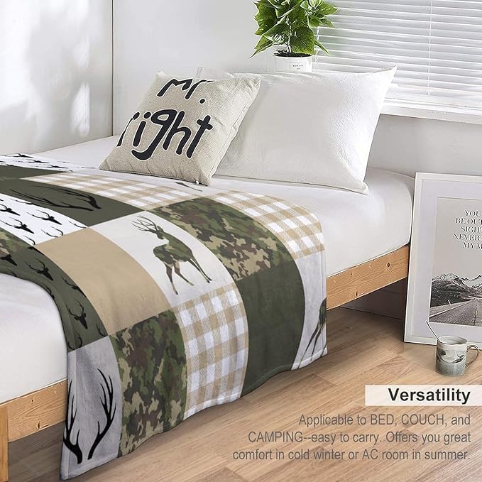 Camouflage Deer Blanket, Vintage Camo Green Beige Plaid Rustic Cabin Wildlife Hunting Blankets for Mens Room Bed Sofa, 30"x40"