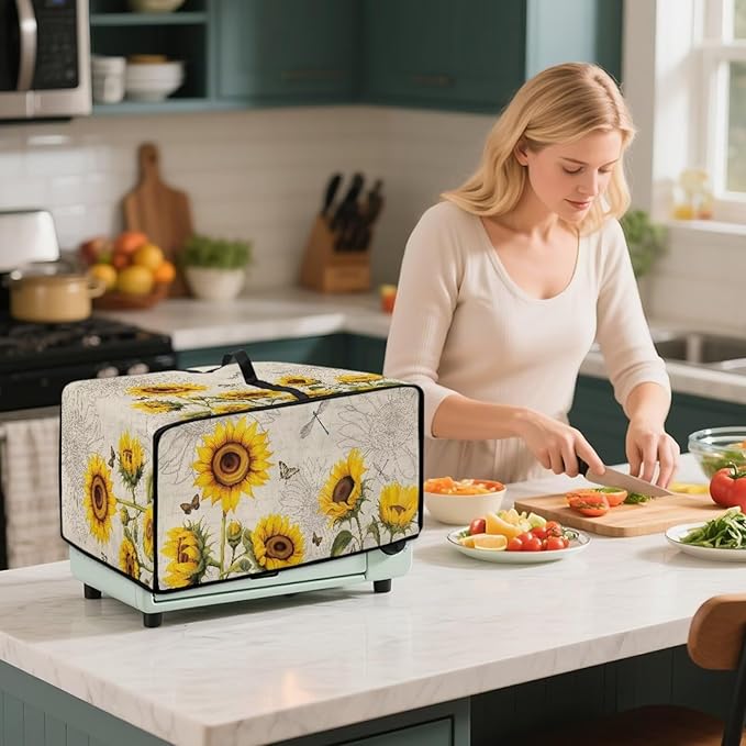 Microwave Oven Dust Cover Waterproof Toaster Oven Cover with Top Handle Dust-Proof Kitchen Appliance Protector Dirt and Fingerprint Protection, Sunflower Dragonfly Butterfly Letter Print, S