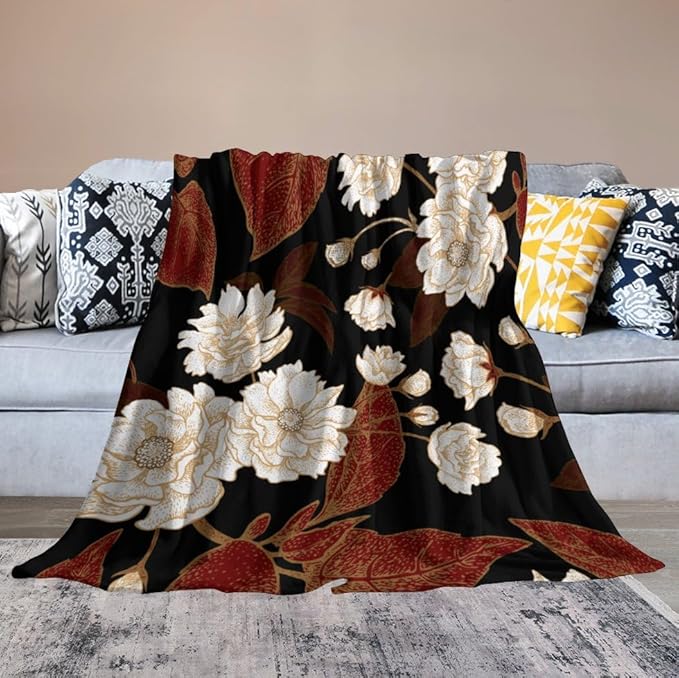 Red Gold Floral Blanket, Boho Dark Flower Leaves Chinese Plum Blossoms Botanical Vintage Throw Blanket for Bed Living Room Bedding Couch Soft Lightweight Warm Cozy Decor, 40"x50"