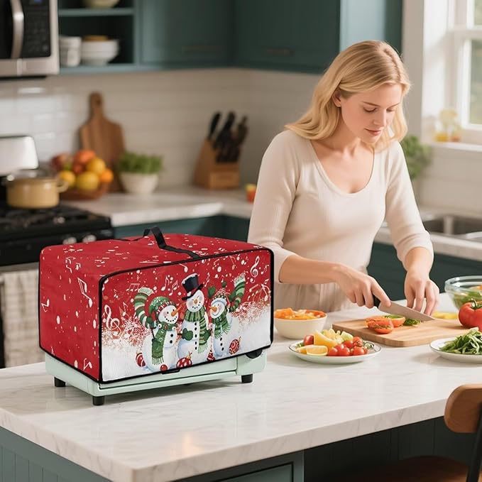 Christmas Convection Toaster Oven Cover with Pockets, Holiday Decor Smart Microwave Baking Oven Dust Cover for Countertop, M, 16.5 x 20.5 x 10 Inches, Snowman Musical Note Red