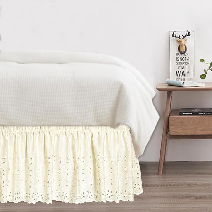Full Bed Skirt, Wrap-Around Elastic Ruffled Eyelet Bed Skirt Full Size Dust Ruffle with Gathered Styling and Embroidered Details, 14" Drop Length (Light Yellow)