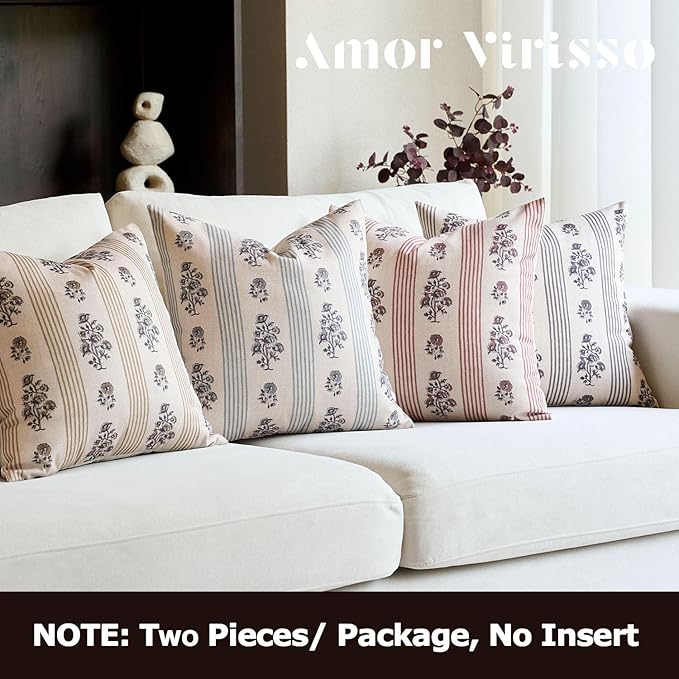 Amor Virisso Floral Throw Pillow Covers 20x20 Set of 2 Block Print Pillow Covers Neutral Floral Striped Farmhouse Decorative Pillow Covers for Sofa Couch Bed, Light Blue