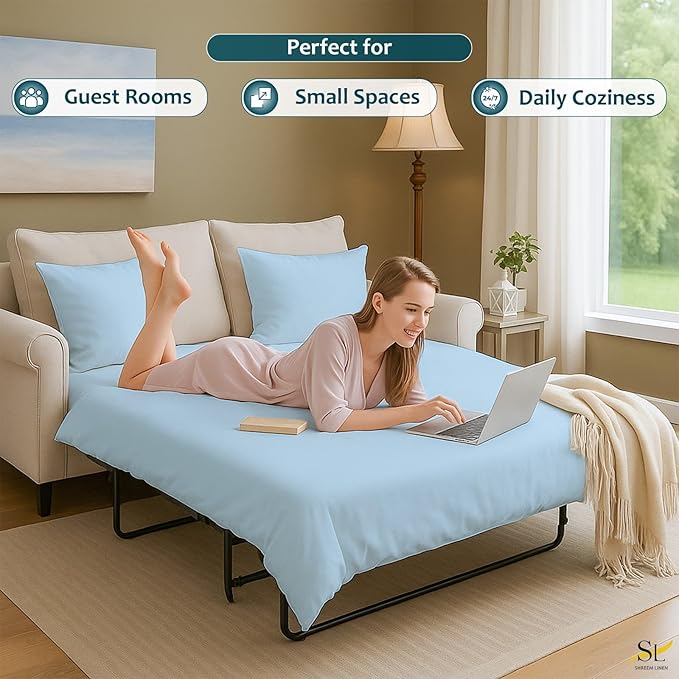 Luxury Queen Sleeper Sofa Bed Sheet Set,100% Egyptian Cotton, 338 Thread Count, Queen Size (60 x74 +6 Inch Deep Pocket) Soft and Light Weight 4pcs Sofa Set (Light Blue Solid)