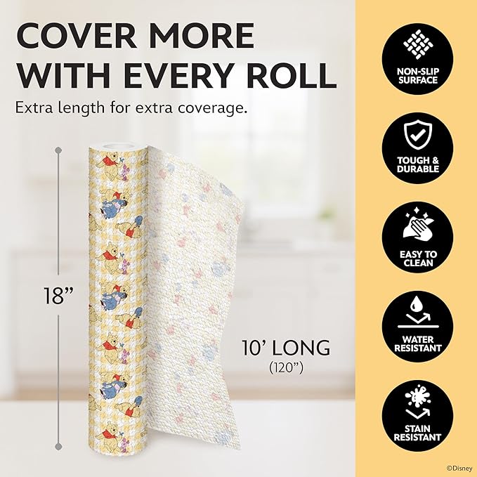 Disney Non Adhesive Shelf Liner – 18”x 10 ft Water-Resistant Drawer Liners for Kitchen Cabinets, Pantry, Fridge & Dressers – Easy Cut Cabinet Liner Roll- Mickey Mouse, Stitch & Winnie The Pooh