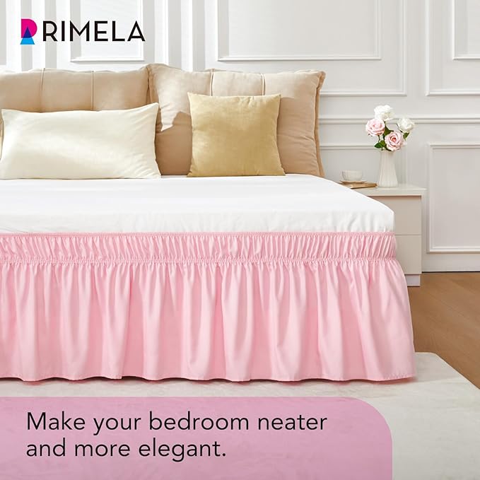 RIMELA Pink Bed Skirt Queen Size 15 Inch Drop Elastic Wrap Around Dust Ruffle Solid Bedding Bedskirt Soft Microfiber Fabric Machine Washable Easy to Install