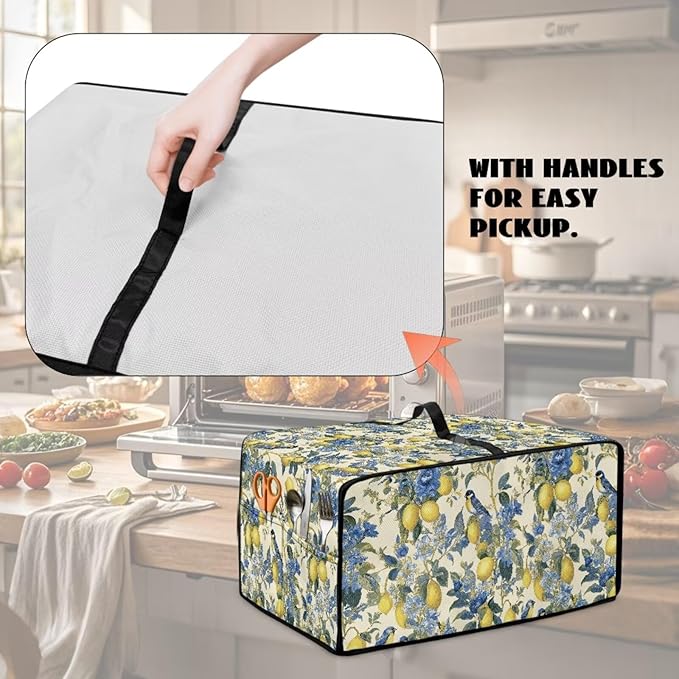 Lemon Floral Robin Bird Print Microwave Oven Dust Cover Heavy Duty Microwave Oven Grill Cover Dustproof Kitchen Machine Covers Case Protections for Toaster Oven, M