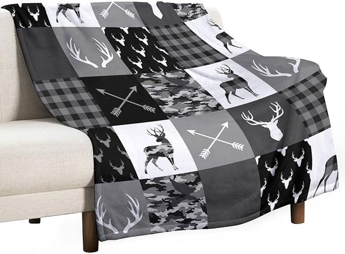 Rustic Cabin Throw Blanket, Farmhouse Grey Camouflage Deer Vintage Country Hunting Wildlife Blanket Throw for Bed Camping Travel Living Room Bedroom, 50"x60"