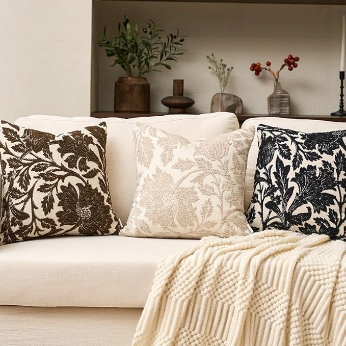 Yangest Chenille Floral Pillow Cover 12 x 20 Inches, Neutral Jacquard Rectangle Throw Pillow Cover Soft Decorative Nature Accent Couch Pillow Cover for Living Room Bedroom, Black