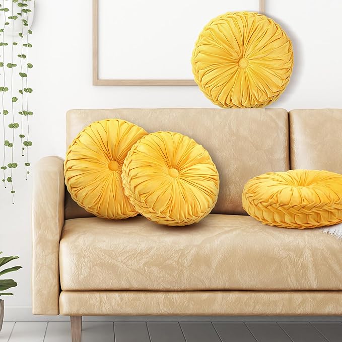 4 Pcs Round Throw Pillows 15 Inch Decorative Velvet Pleated Pumpkin Floor Boho Pillows for Living Room Couch Chair Bed Sofa (Yellow)