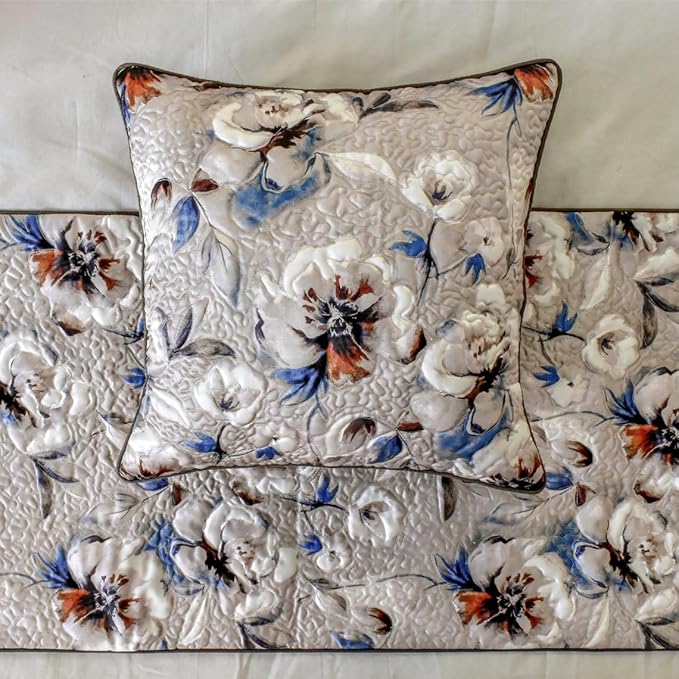 The HomeCentric King/Queen/Twin Ivory Decorative CA King 86"x18" Bed Runner with Two Pillow Cover, Floral, Quilted Bed Scarf on Satin Fabric - Floral Harmony