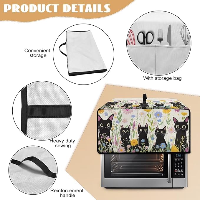 Countertop Microwave Oven Cover with Side Pockets, Dust Protection Small Appliance Toaster Ovens Dust Cover, L, 18.5 x 22.5 x 13 Inches, Cartoon Black Cat Daisy Flower