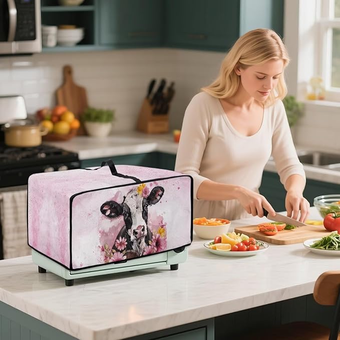 Air Fryer Toaster Oven Dust Cover Washable Fabric Convection Oven Protector with Storage Pockets, S, 14.5 x 18.5 x 9 Inches, Cow Pink Flower Pattern