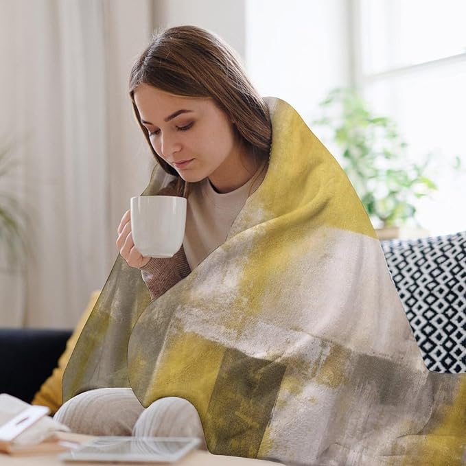 Abstract Gradient Blanket, Modern Fashion Art Yellow Grey Painting Strokes Pattern Soft Warm Cozy Plush Flannel Covers for Livingroom Bedroom Couch Chair Camping Travel Home Decor Tapestry 60x80in