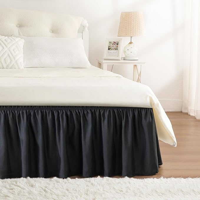 RIMELA Black Bed Skirt Twin Size 15 Inch Drop, Elastic Bed Skirting for Bed Base and Frame, Bedding Dust Ruffle Easy to Install, Lightweight Wrap Around Adjustable Bedskirt