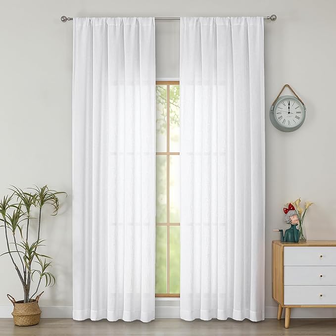 Simplebrand White Faux Linen Textured Semi Sheer Curtains 96 Inches Long 2 Panels Set, Light Filtering Soft Thick Farmhouse Curtains Window Treatment for Bedroom/Living Room/Dining Room, 50 x 96 Inch
