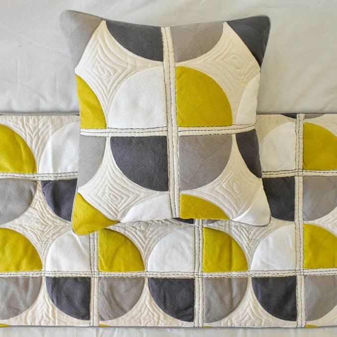 The HomeCentric King/Queen/Twin Yellow & Grey Designer Queen 74"x18" Bed Runner with One Pillow Cover, Emboroidered, Quilted & Geometric Bed Scarf on Cotton Fabric - Geo Fusion