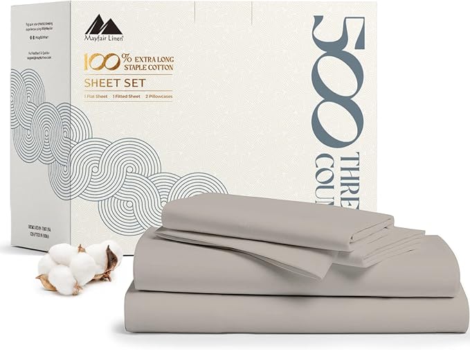 Mayfair Linen 500 Thread Count Full Cotton Sheets - 4 PC Full Size Bed Sheet Set Cotton (Taupe), Soft, Cooling, Sateen Hotel-Quality 16" Deep Pocket Bedsheet for Hot Sleepers (Fits 18" Mattress)