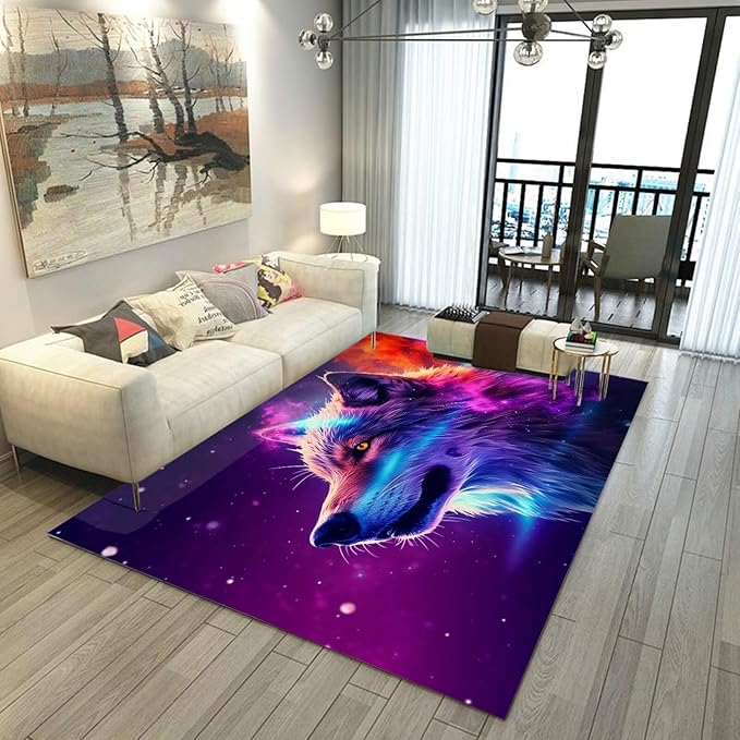 Galaxy Wolf Rug 3D Fierce Wolves Area Rugs for Bedroom Living Room Playroom Gameroom Boys Kids Colorful Glitter Throw Rugs Floor Mat Carpet 79 in x 39 in