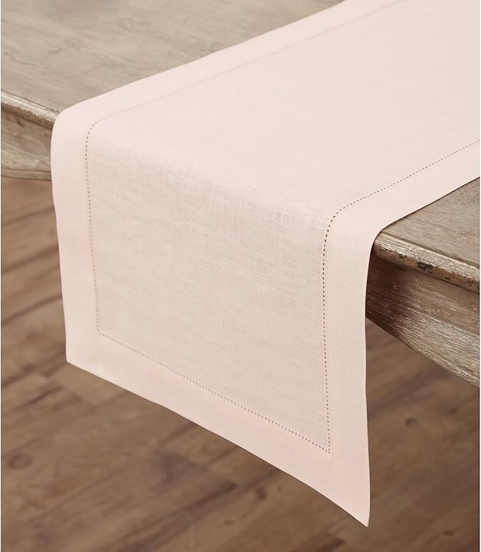 Solino Home Linen Pink Table Runner 90 Inches Long - 100% Pure Linen Hemstitch 14 x 90 Inch Table Runner for Dining, Christmas - Classic Hemstitch