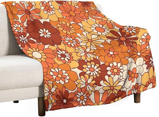 Vintage 70s Throw Blanket, Boho Hippie Bright Orange Flowers Groovy Abstract Funny Art Print Blanket for Couch Sofa Bed 30"x40"
