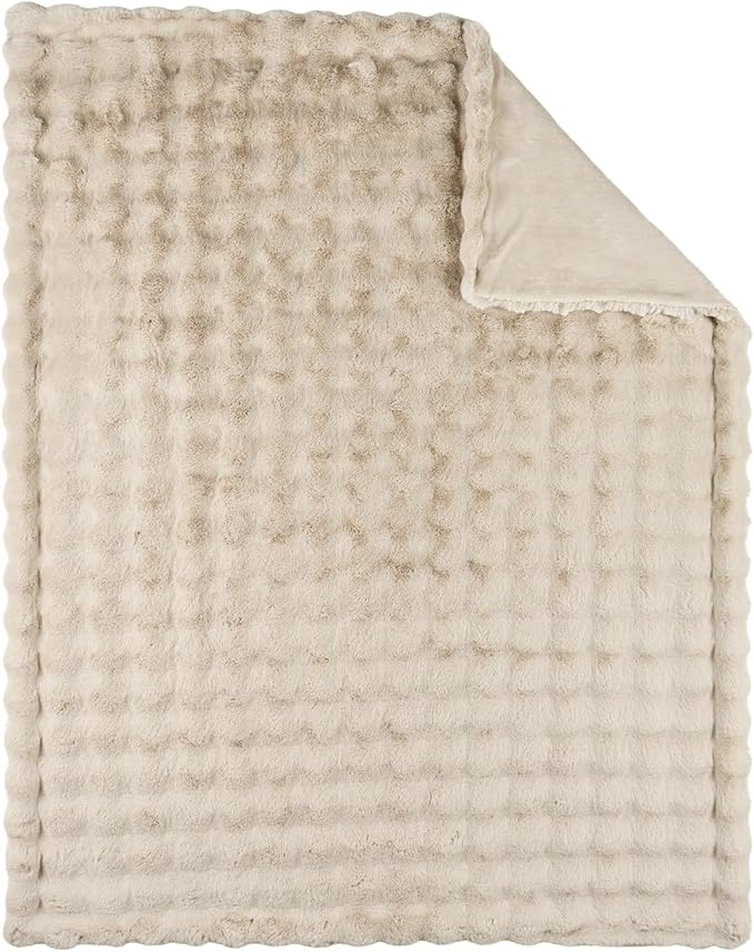 Lotus Karen Faux Fur Throw Blanket Linen - 800 GSM Bubble Rabbit Fluff Blanket for Couch Bed Sofa,Softest Fluffy Fuzzy Cozy Blanket,Thick Furry Plush Shaggy Warm Blankets for Women,60x80 Inches