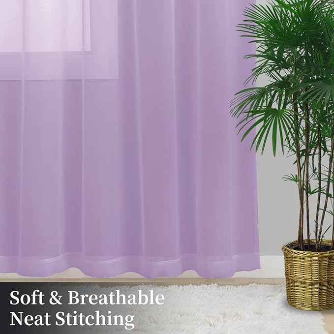 Sheer Curtains 54 Inches Long 2 Panels, Rod Pocket Short Curtain for Kitchen, Bedroom, Cafe Window(Lavender 38" W x 54" L)