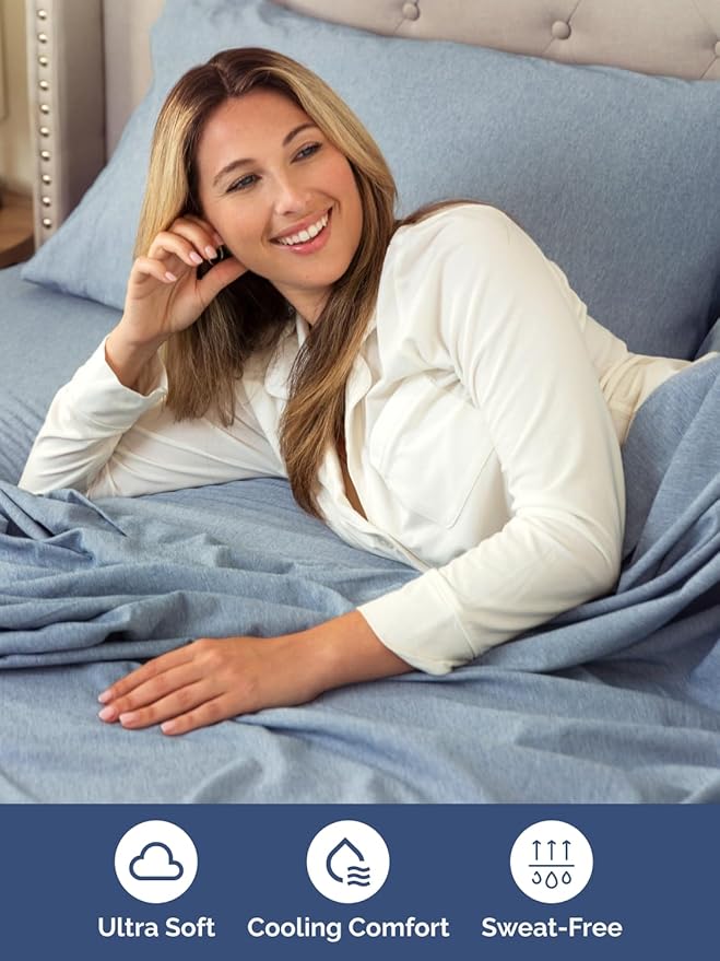 Extra Deep Pocket Cal King Sheets - 4 Piece Breathable & Cooling Bed Sheets - Hotel Luxury Bed Sheet Set - Soft, Wrinkle Free & Comfy - Easily Fits Extra Deep Mattresses - Heathered Blue Sheets Set