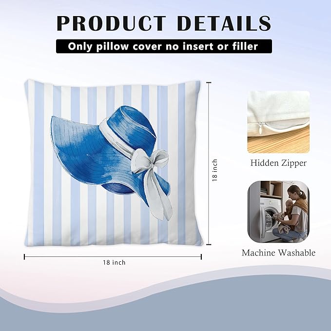 Coquette Bow Blue Hat Pillow Covers 18x18, Preppy Girly Room Decor Aesthetic, Blue and White Striped Elegant Bow Hat Throw Pillow Covers for Girls Bedroom Dorm Home