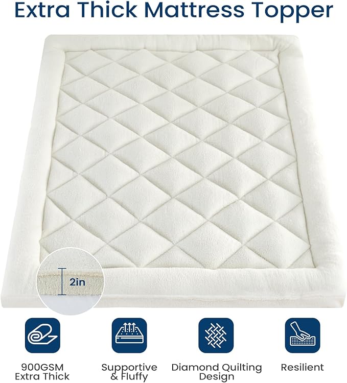 Mattress Topper Queen for Back Pain Thick Mattress Pad Cover Protector Sherpa Plush Pillow Top Down Alternative Fill Mattress Cover with 8-22 Inch Deep Pocket