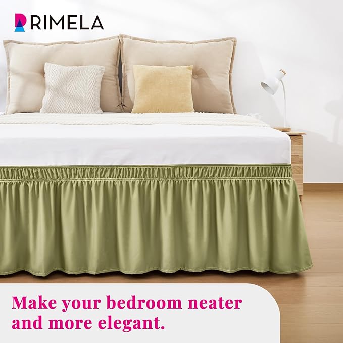 RIMELA Sage Green Bed Skirt King Size 15 Inch Drop, Elastic Bed Skirting for Bed Base and Frame, Bedding Dust Ruffle Easy to Install, Wrap Around Adjustable Bedskirt