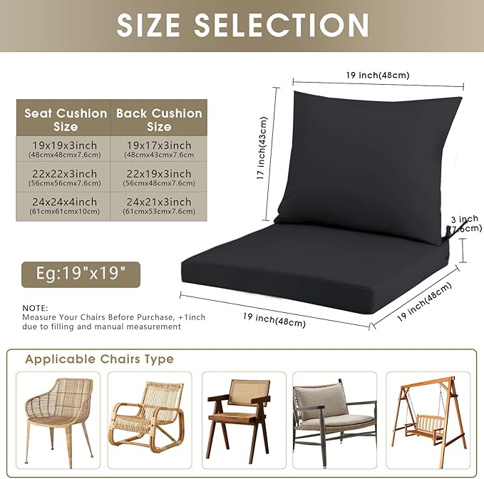 Outdoor Seat Cushion Set 19 x 19 In, Water-Resistant & Fade-Resistan, Patio Furniture Cushions with Removable Cover Deep Seat & Back Cushion with Handle and Adjustable Straps for Chair Sofa,4PC