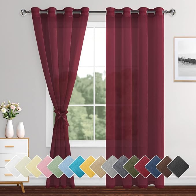 XWZO Sheer Curtains 84 Inches Length 2 Panels Set, Solid Grommet Semi Transparent Window Curtains for Living Room/Bedroom, Home Decor with Tiebacks, Amaranth Red, 52 x 84 Inches Long